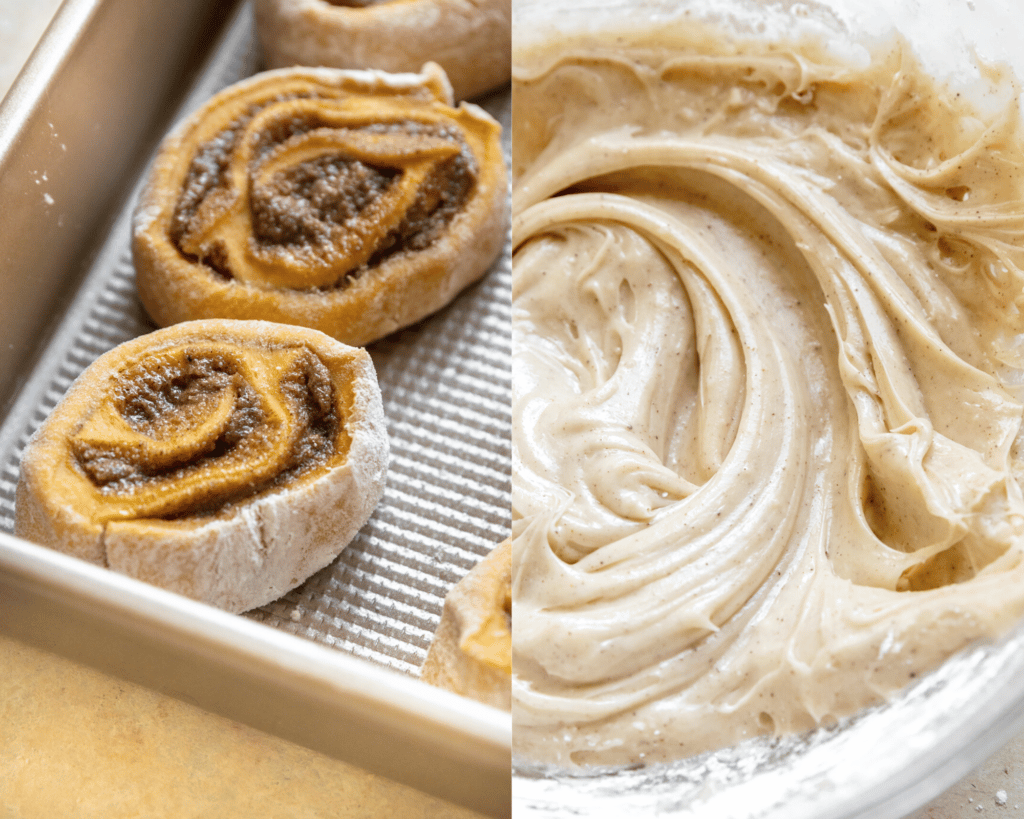 frosting in a bowl and cinnamon rolls before heading in the oven.