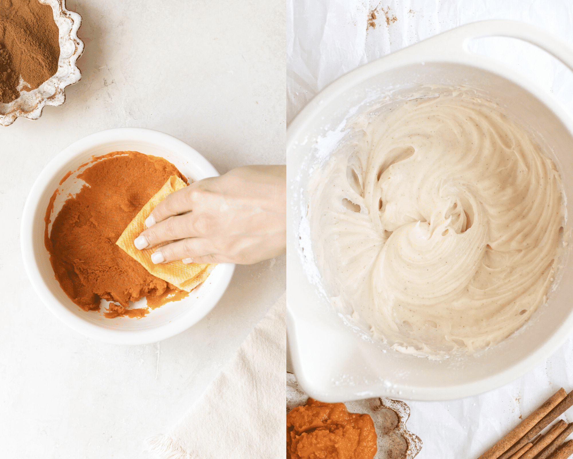 a paper towel blotting pumpkin in a white bowl and a mixing bowl with cream cheese frosting.