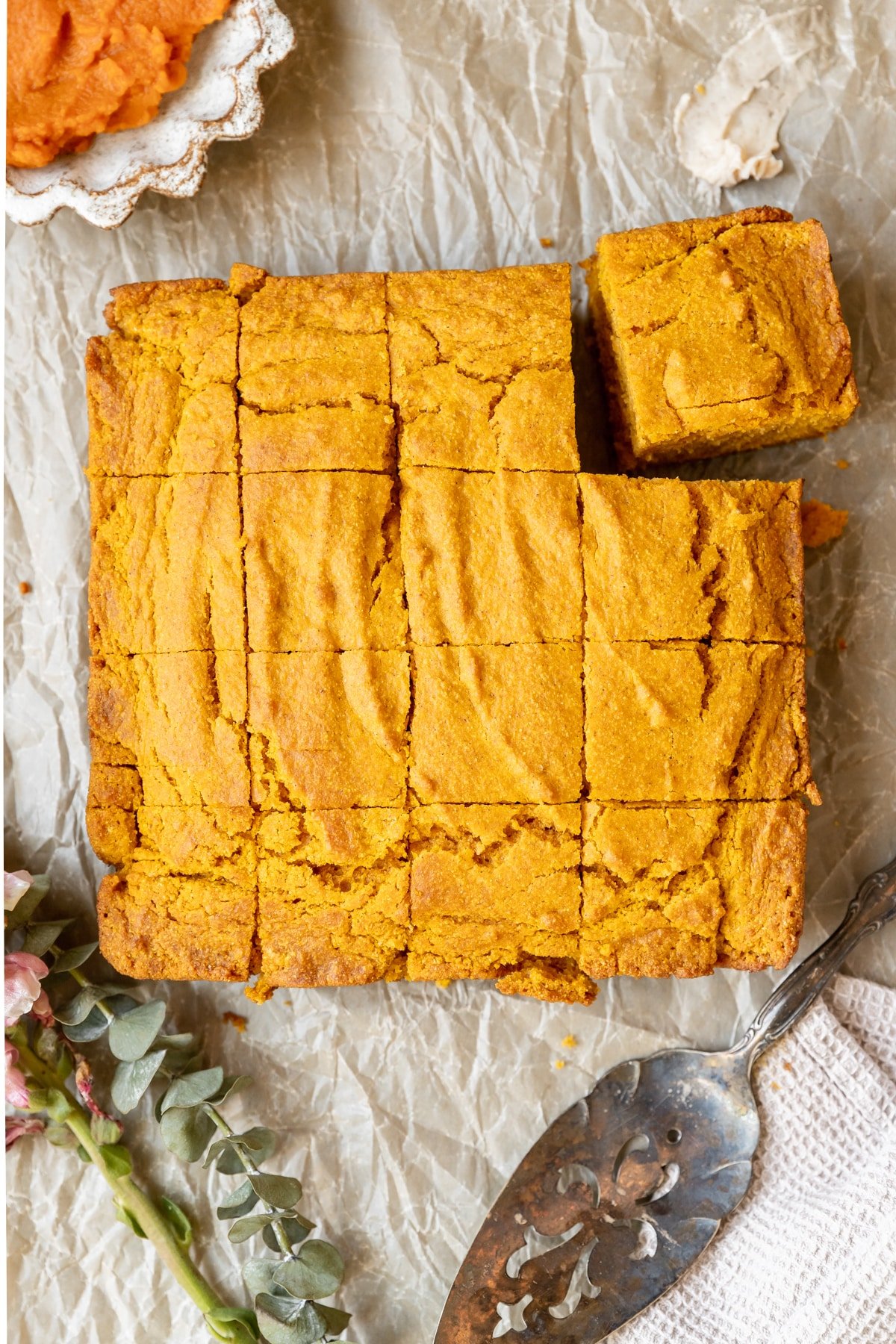 freshly baked cornbread cut into squares. 