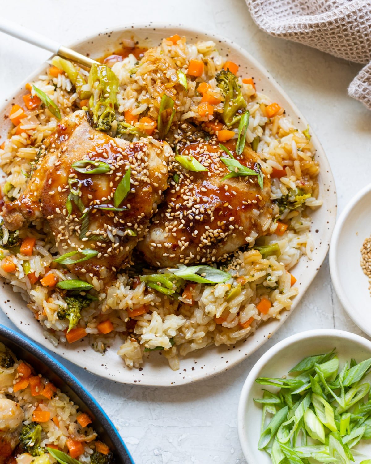 chicken and rice with teriyaki sauce, sesame seeds and green onions on top. 