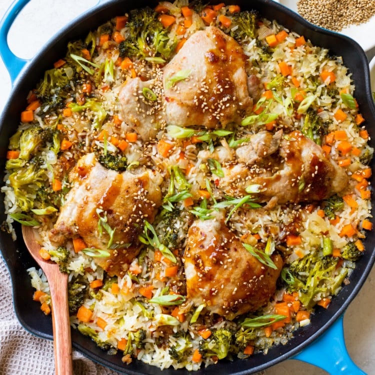 chicken and rice with teriyaki sauce, sesame seeds and green onions on top.