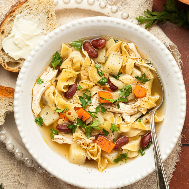 chicken noodle soup in bowl with spoon