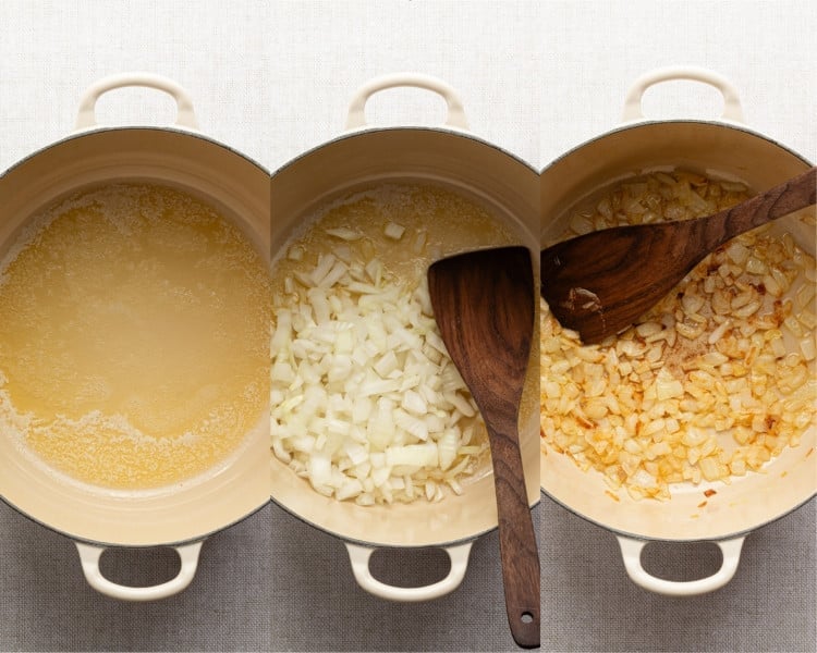 Three side-by-side images showing the start of vegetable soup: butter melting in a Dutch oven, chopped onions added, and onions sautéed until golden brown with a wooden spoon.
