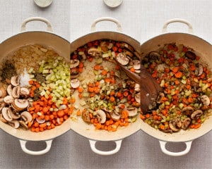 Three process images of carrots, celery, and mushrooms being added to sautéed onions in a Dutch oven, seasoned with herbs, then stirred and cooked until softened.