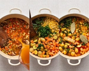 Three images showing vegetable broth poured into the pot, followed by sweet potatoes, gold potatoes, corn, green beans, parsley, parmesan rind, and bay leaves added to the simmering soup.