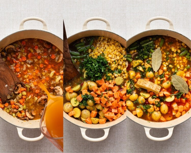 Three images showing vegetable broth poured into the pot, followed by sweet potatoes, gold potatoes, corn, green beans, parsley, parmesan rind, and bay leaves added to the simmering soup.