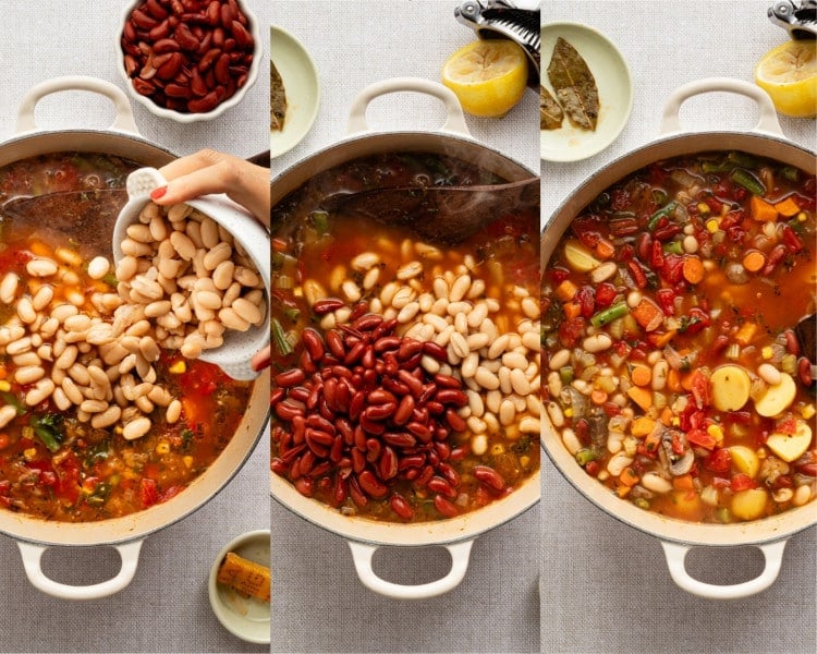 Three photos of white beans and kidney beans being poured into the soup, then stirred into the rich tomato broth with vegetables.