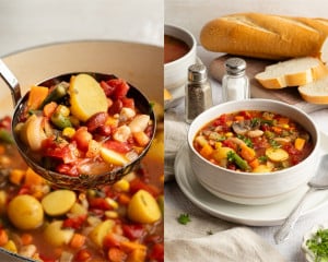 Two final images: one of a ladle lifting hearty vegetable soup filled with potatoes, beans, and carrots, and another of a white bowl of soup garnished with parsley, served with bread on the side.