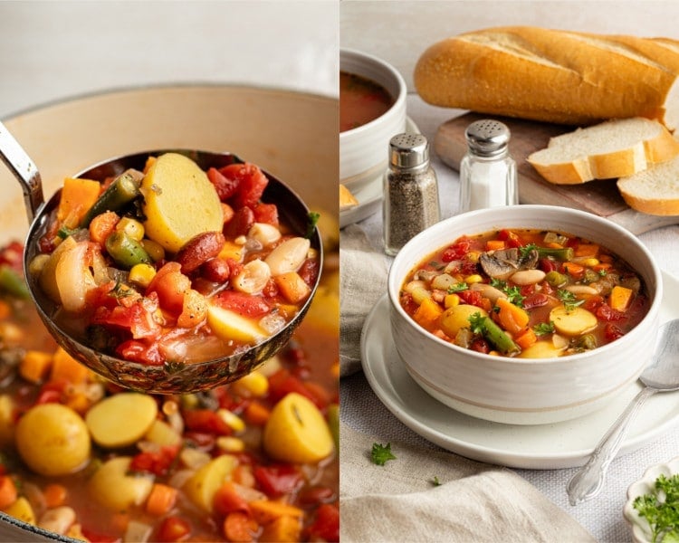 Two final images: one of a ladle lifting hearty vegetable soup filled with potatoes, beans, and carrots, and another of a white bowl of soup garnished with parsley, served with bread on the side.