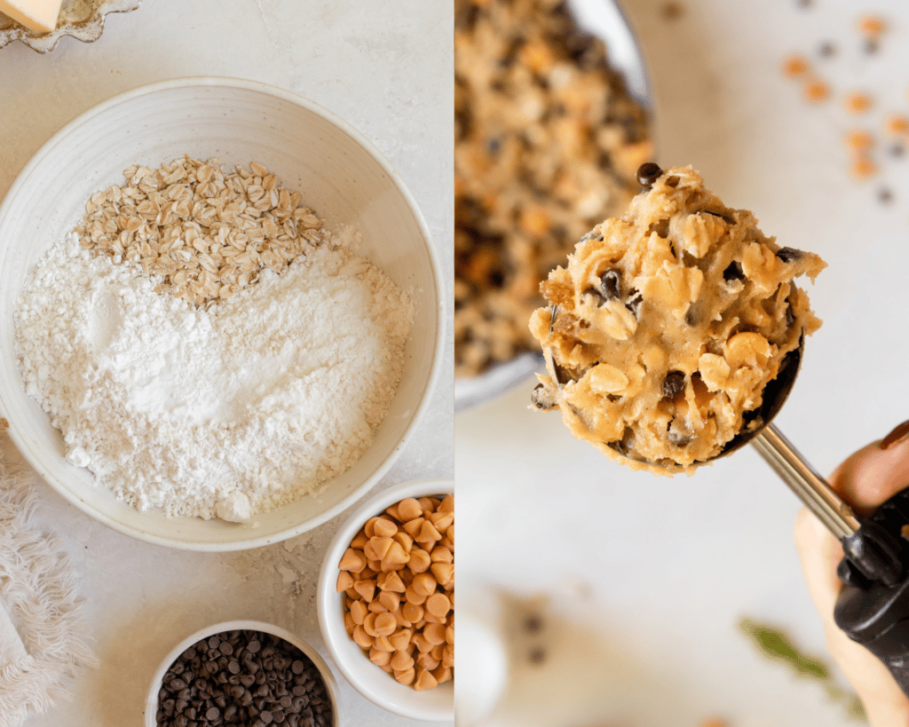 dry ingredients in a bowl for cookies and a cookie scoop with cookie dough in it.