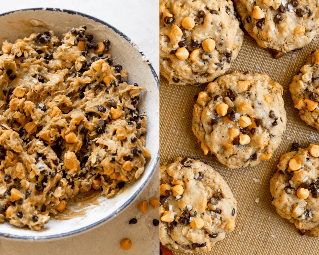 cookie dough in a bowl and freshly baked cookies on a silicone baking mat.