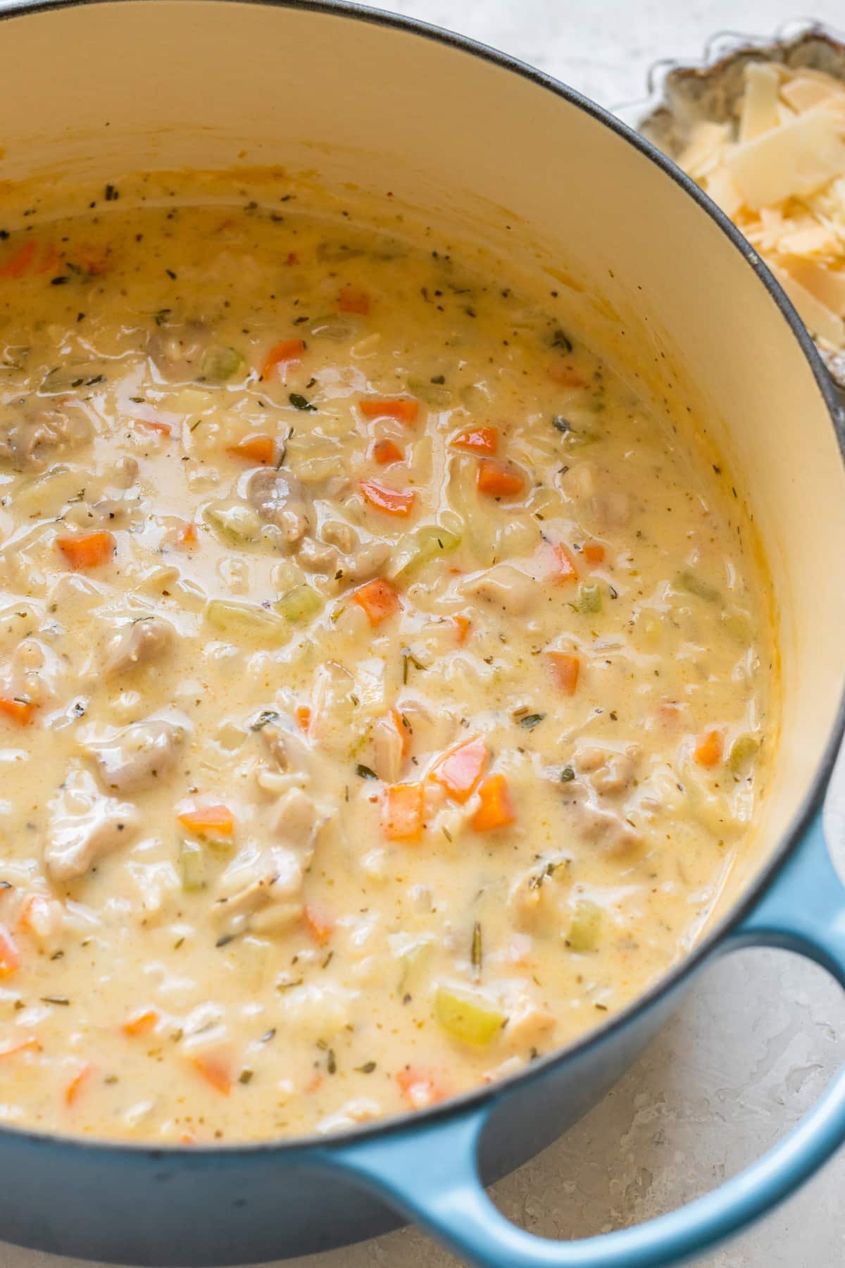 soup in a large blue dutch oven. 