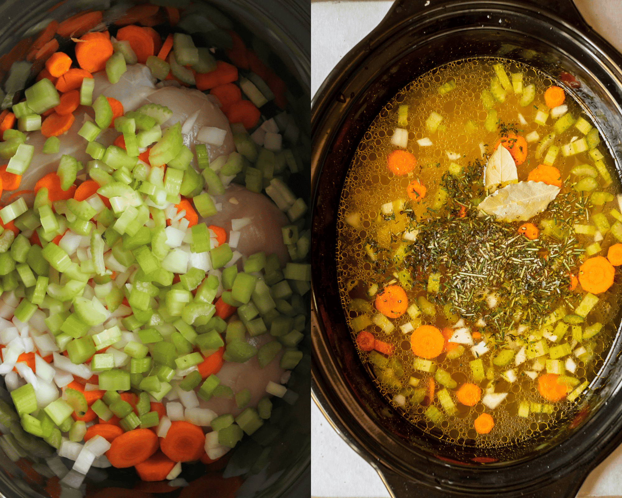 vegetables and chicken in a crockpot. 
