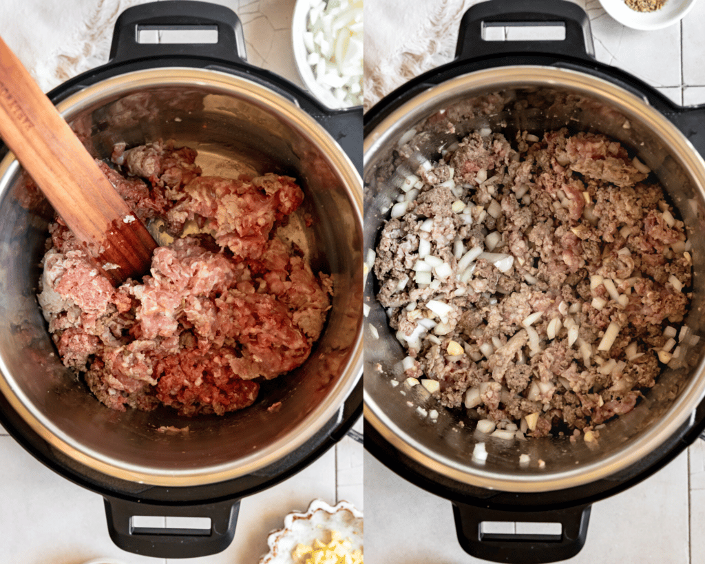ground meat being cooked in an instant pot.