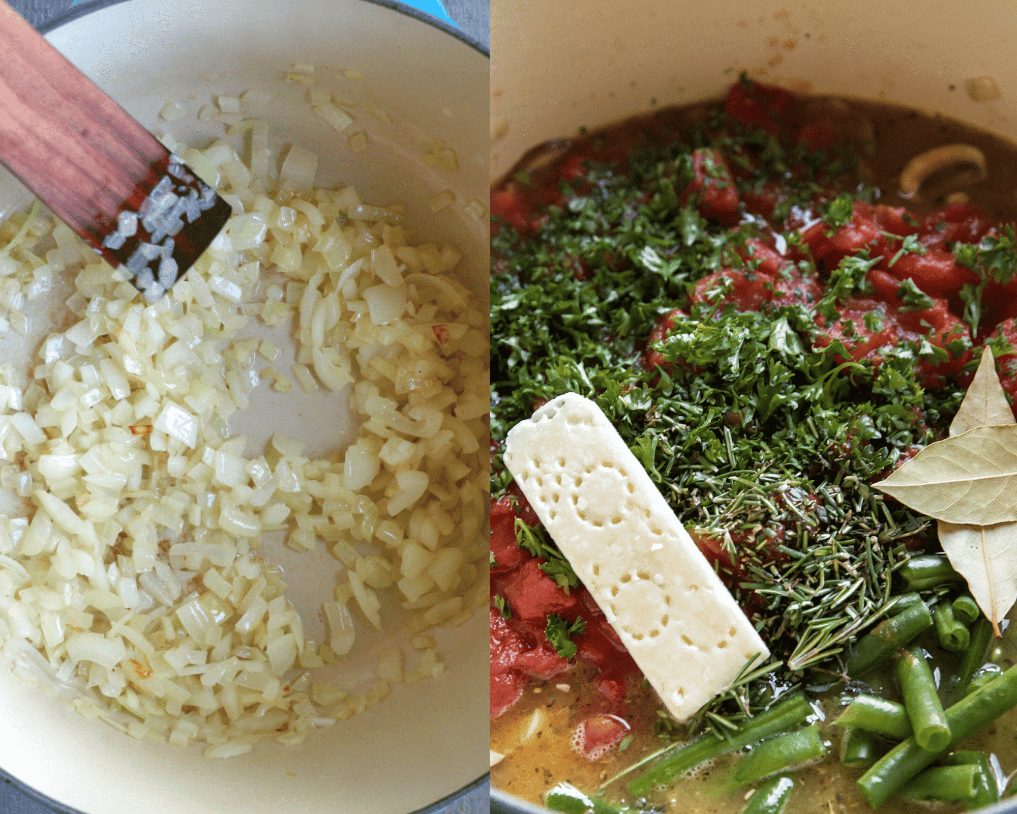 onions in a dutch oven and veggies and herbs piled into a dutch oven. 