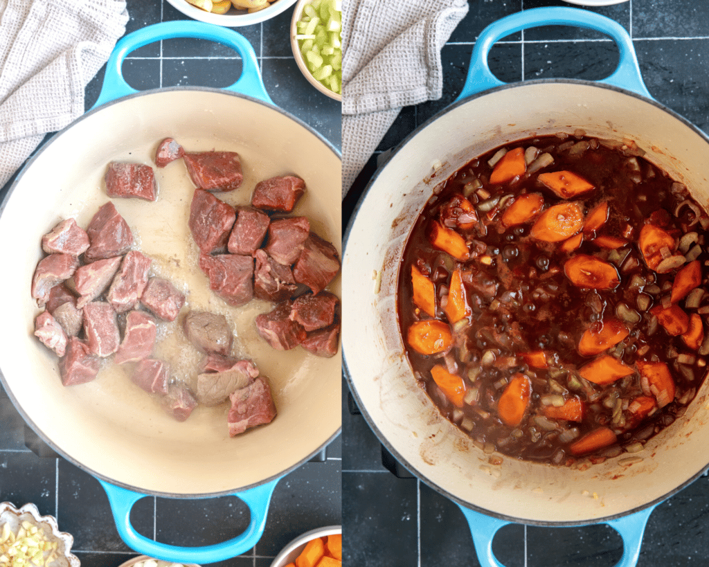stew meat browning in a Dutch oven and red wine simmering in vegetables in dutch oven.
