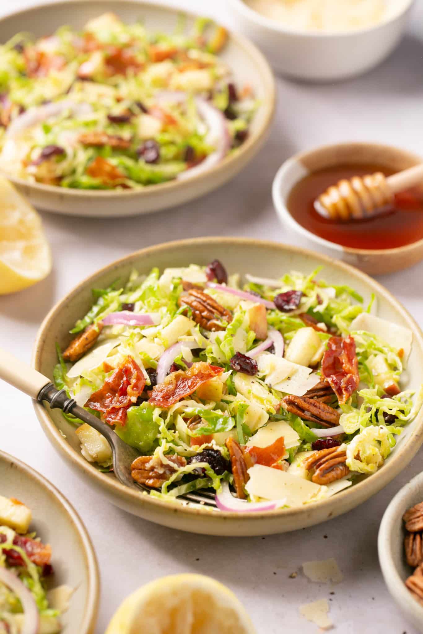 colorful salad in a bowl with a fork featuring lettuce, nuts, raisins, onions, and bacon