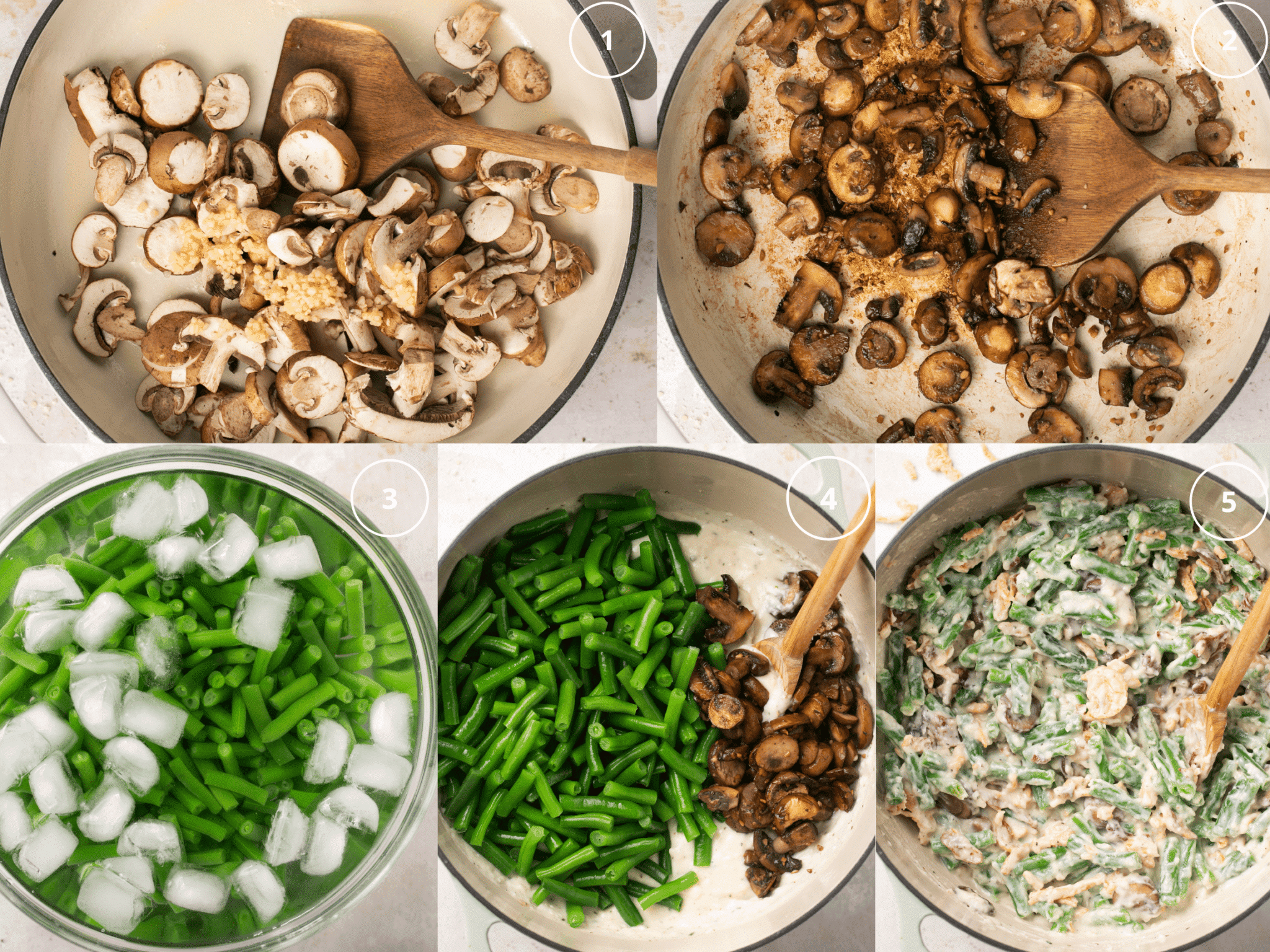 mushrooms in a saute pan, green beans in an ice water bowl, and green beans and mushrooms in a white sauce in a dutch oven. 