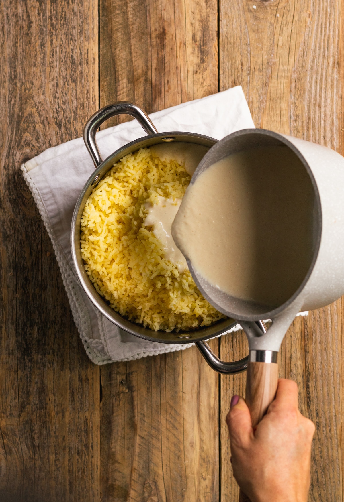 cream poured onto potatoes. 