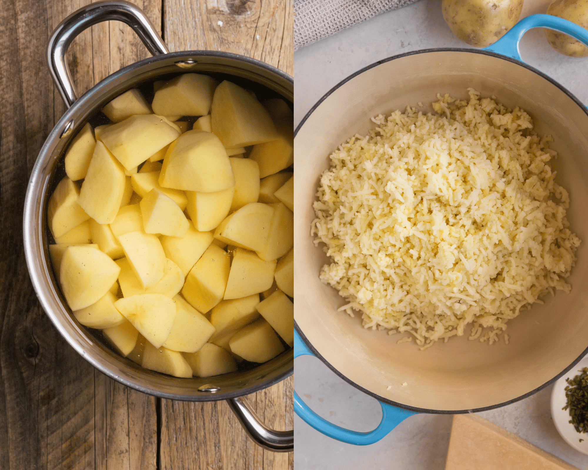 potatoes in a pot cubed and passed through a potato ricer. 