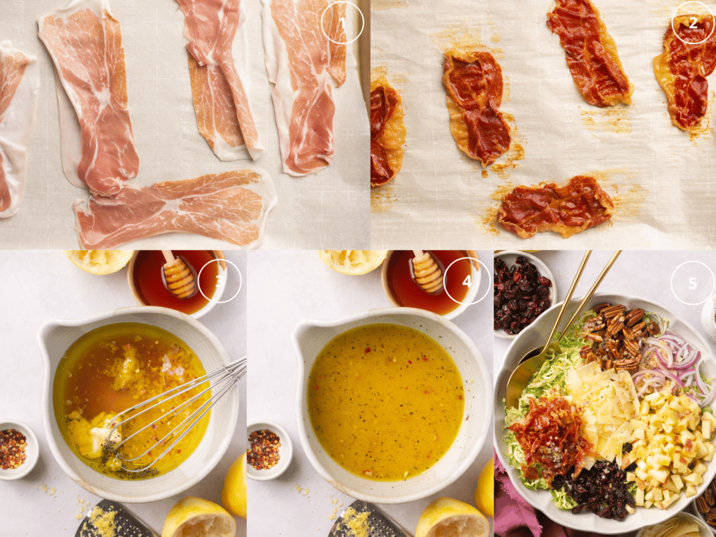 prosciutto on parchment paper and salad dressing in a bowl. 