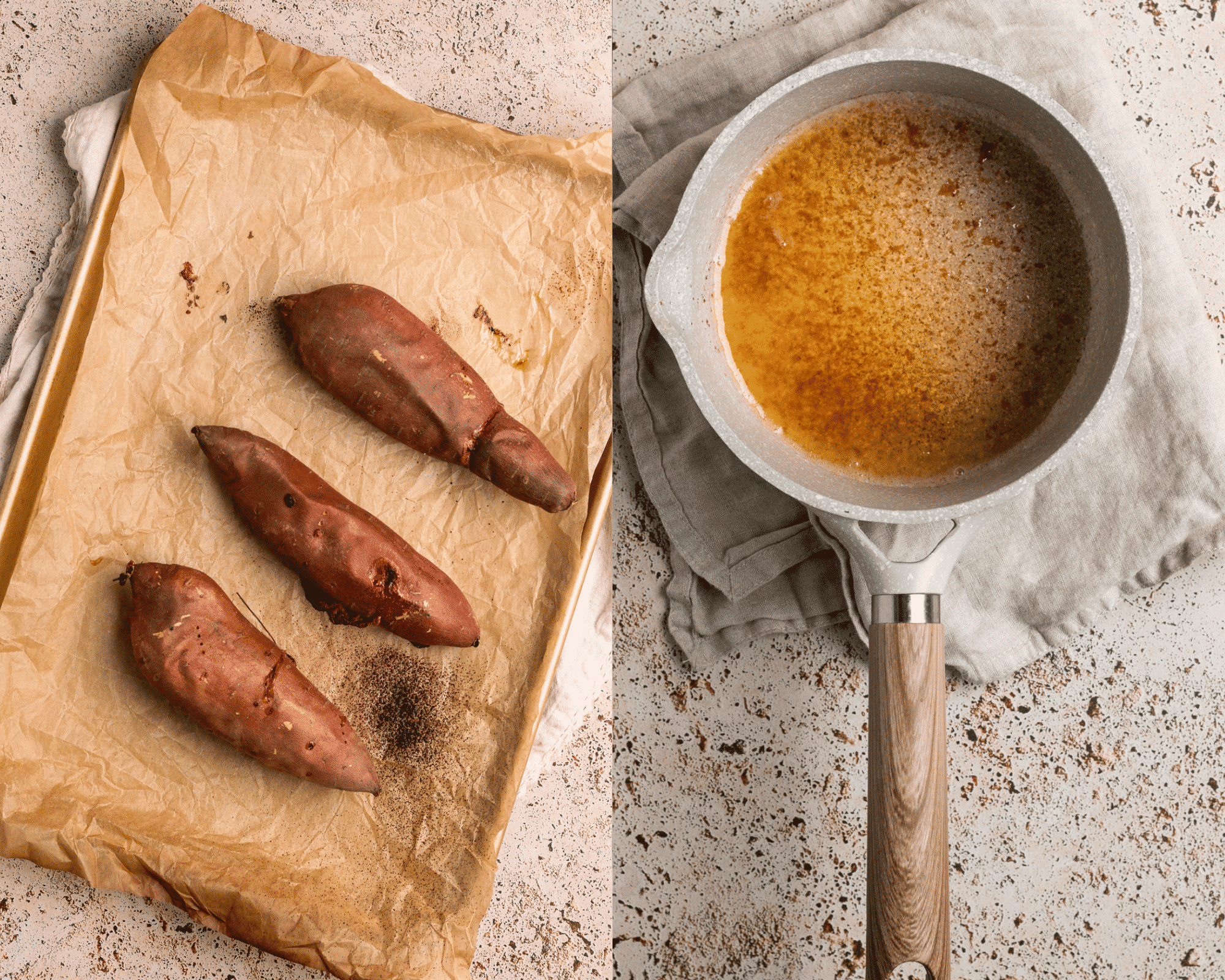 sweet potatoes on parchment paper and brown butter in a sauce pan.