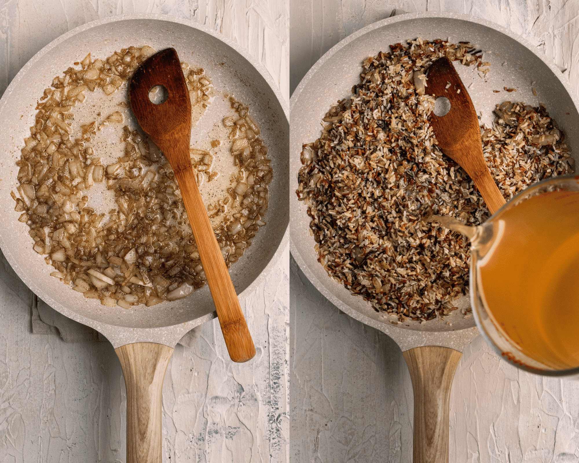 onions in a skillet and broth being poured into a skillet with wild rice.