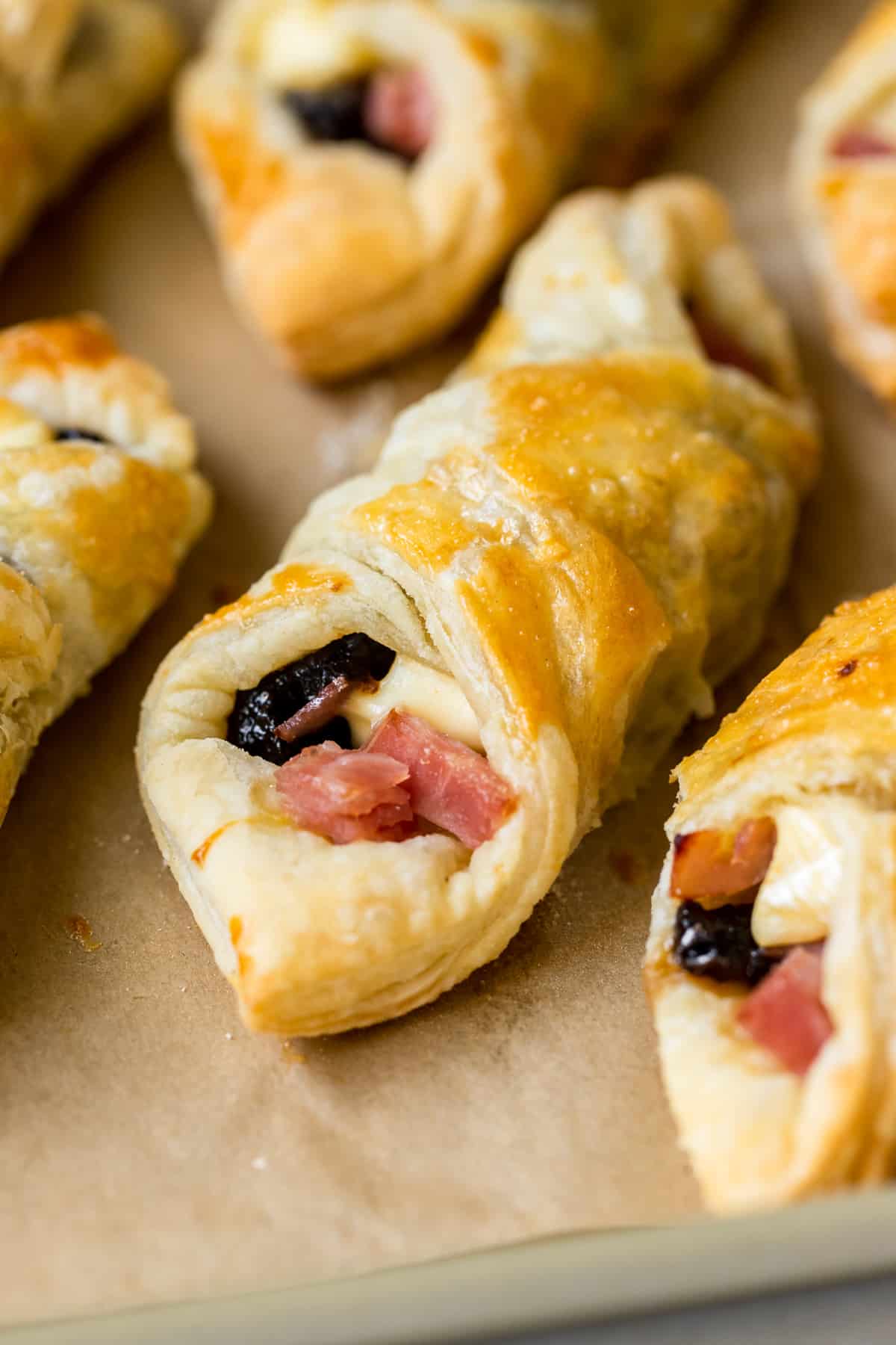 puff pastry filled with ham, prunes and brie cheese. 