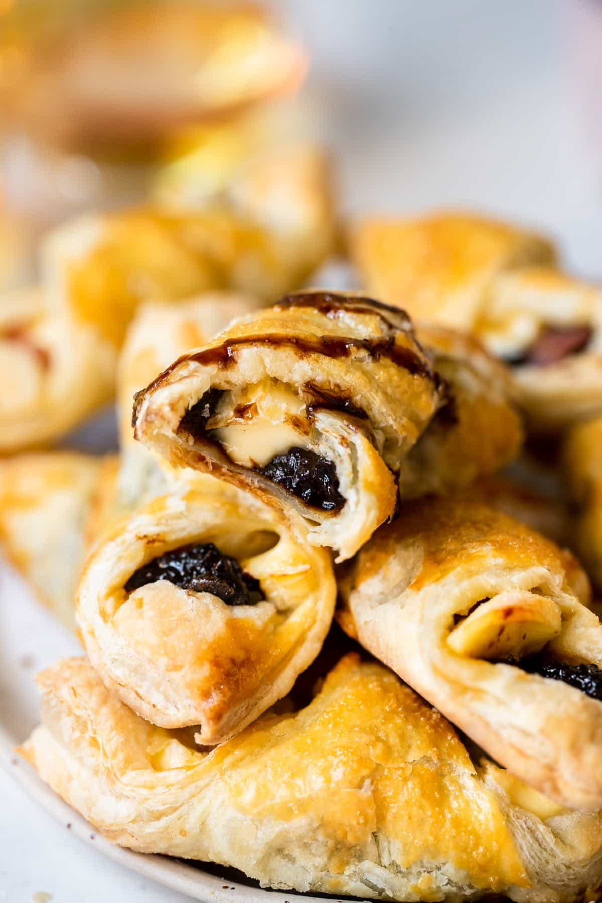 puff pastry filled with prunes, ham and cheese with balsamic on top. 