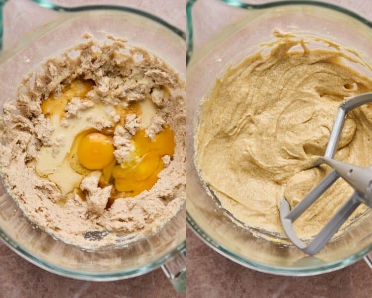 Side by side images of clear stand mixer bowls. Left side shows wet ingredients with egg and egg yolk added on top. Right side shows these ingredients mixed.