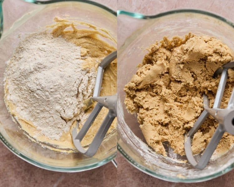 Side by side images of stand mixer glass bowls. Left side shows wet ingredients with dry ingredients on top. Right side shows them mixed.