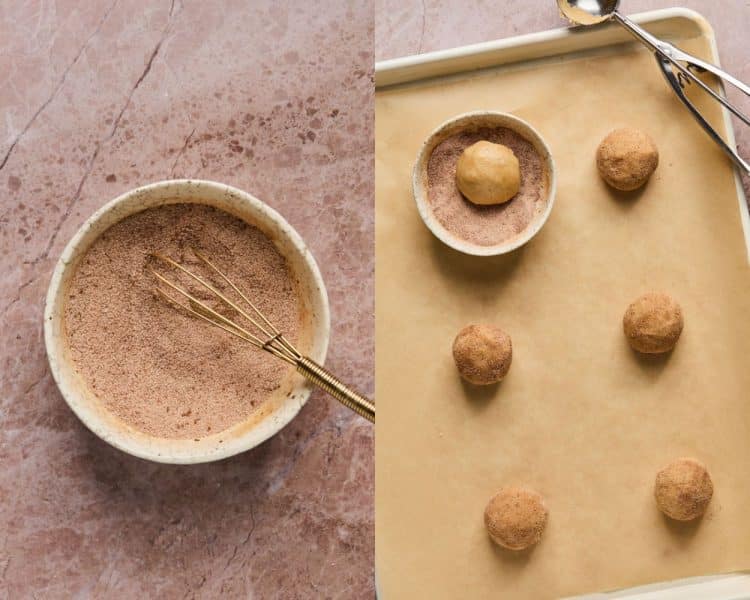 Two images. Left side shows small white ramekin with cinnamon sugar mixture and small whisk. Right side shows baking sheet with balls of cookie dough rolled in cinnamon sugar mixture.