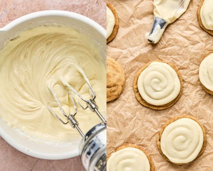 Two images. Left side is white bowl with hand mixer in frosting. Right side shows multiple cookies with frosting piped on and piping bag with tip.