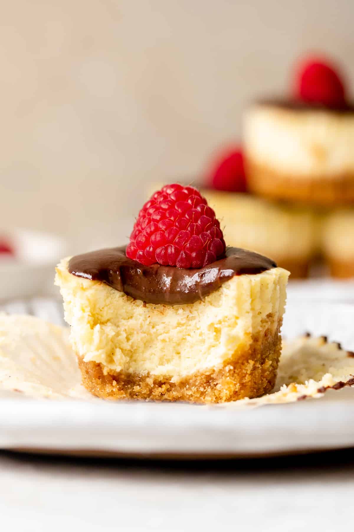 a bite taken out of a cheesecake topped with ganache and a raspberry.