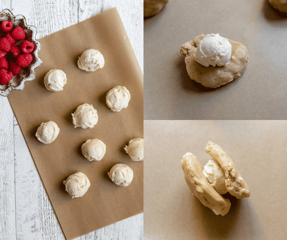 cheesecake filling being stuffed into cookie dough. 