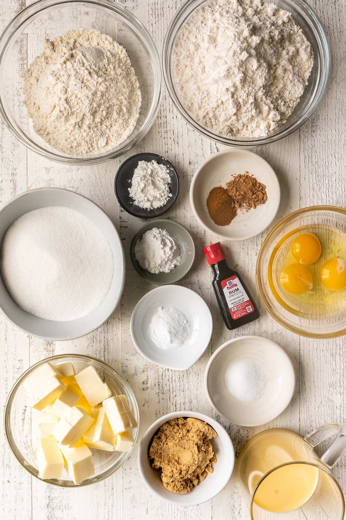 ingredients to make cookies in small glass bowls. 