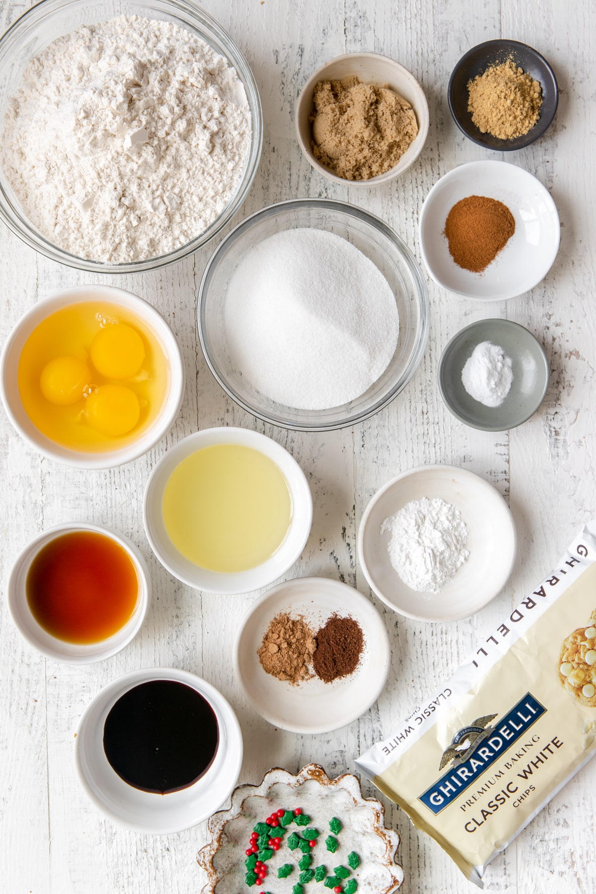 ingredients in small glass dishes needed to make biscotti.