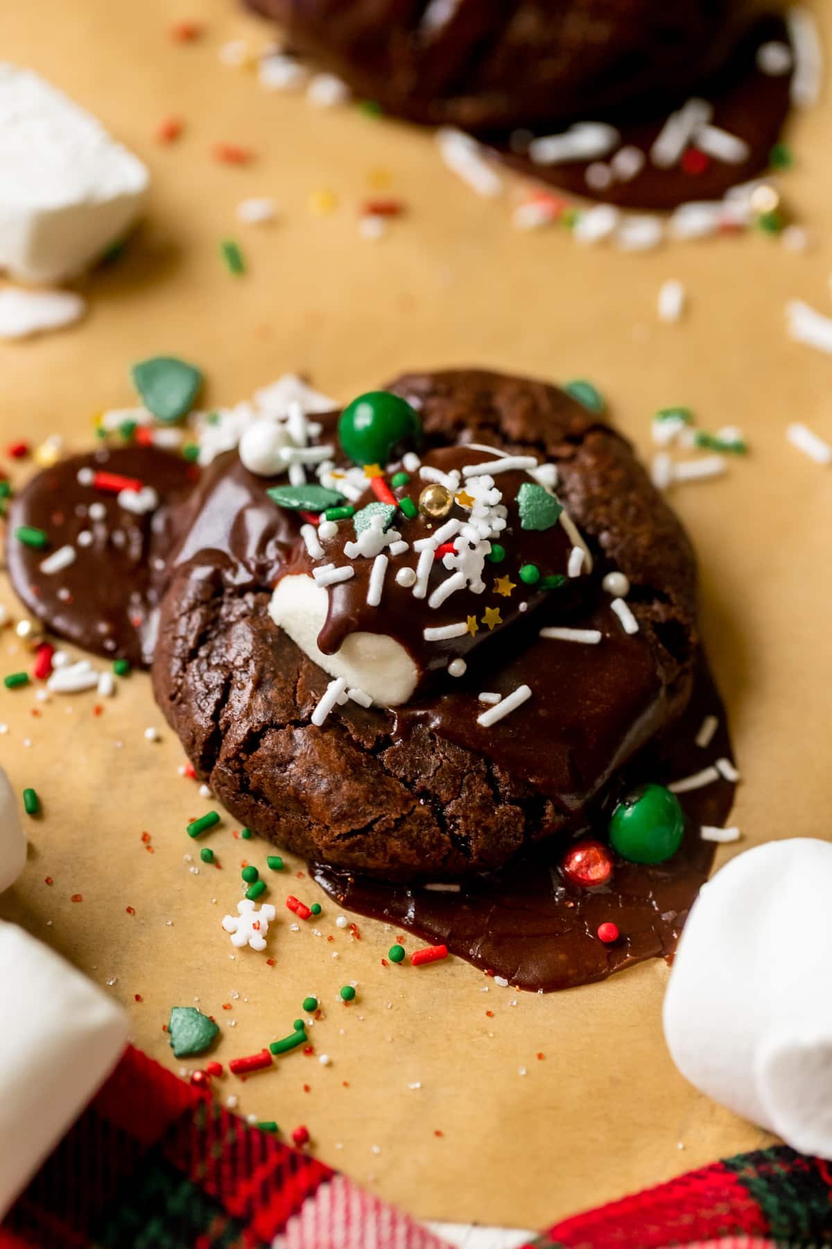 chocolate cookie with red green and white sprinkles.