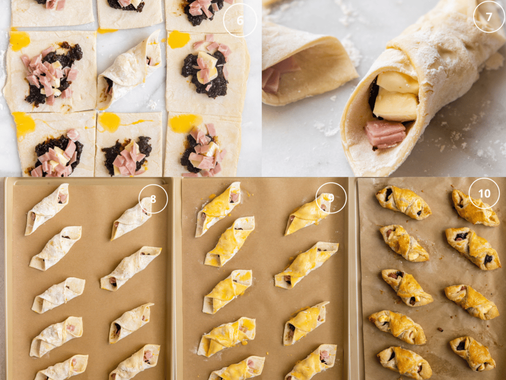 step by step photos making ham and cheese puff pastry with prunes. 