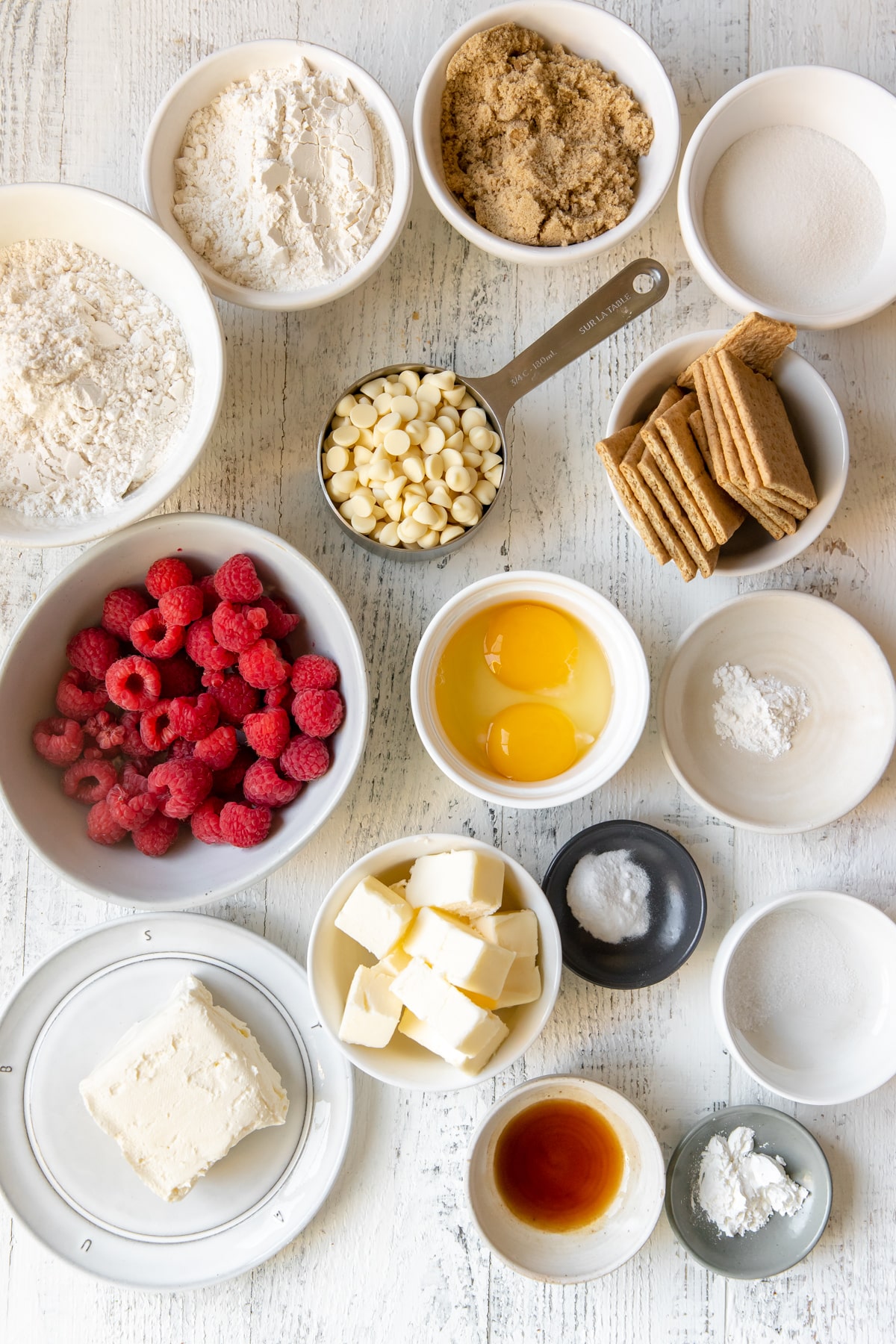 ingredients to make cookies in small glass bowls. 