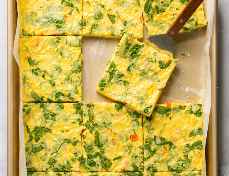 sheet pan with cooked eggs sliced into squares