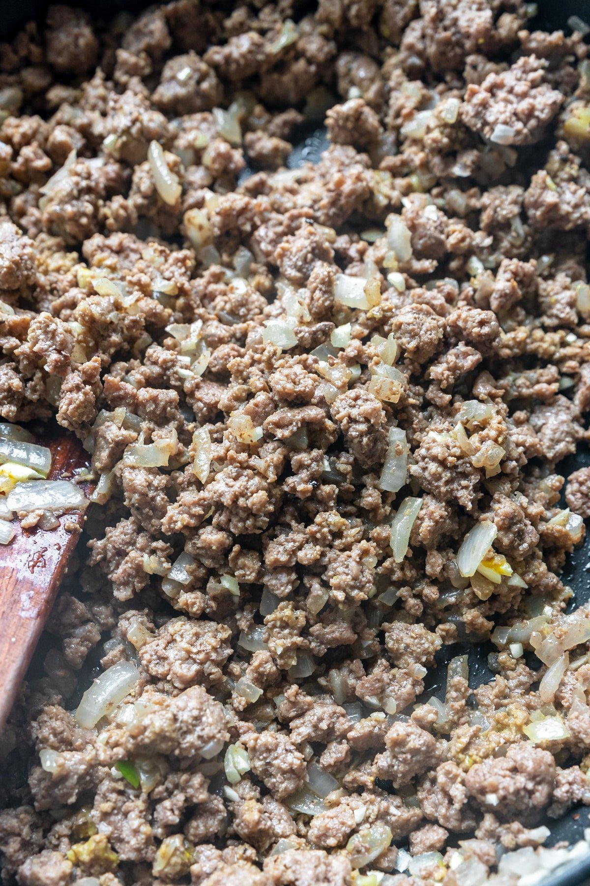an up close image of ground beef with onions .
