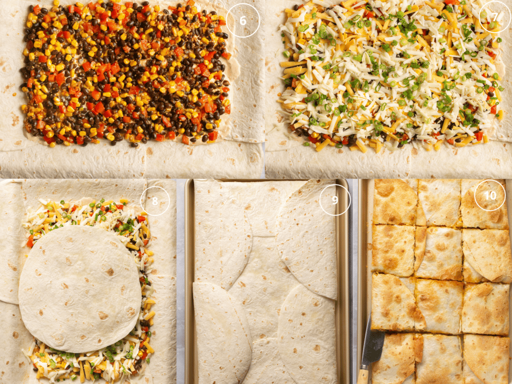 assembling quesadillas on a sheet pan. 