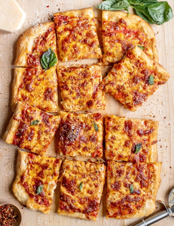 rectangle cheese pizza cut into squares