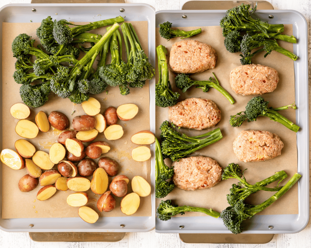 vegetables on a baking sheet lined with parchment paper with meatloaf. 