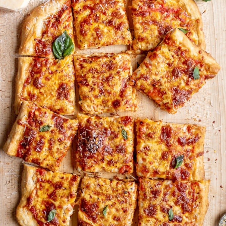 rectangle cheese pizza cut into squares
