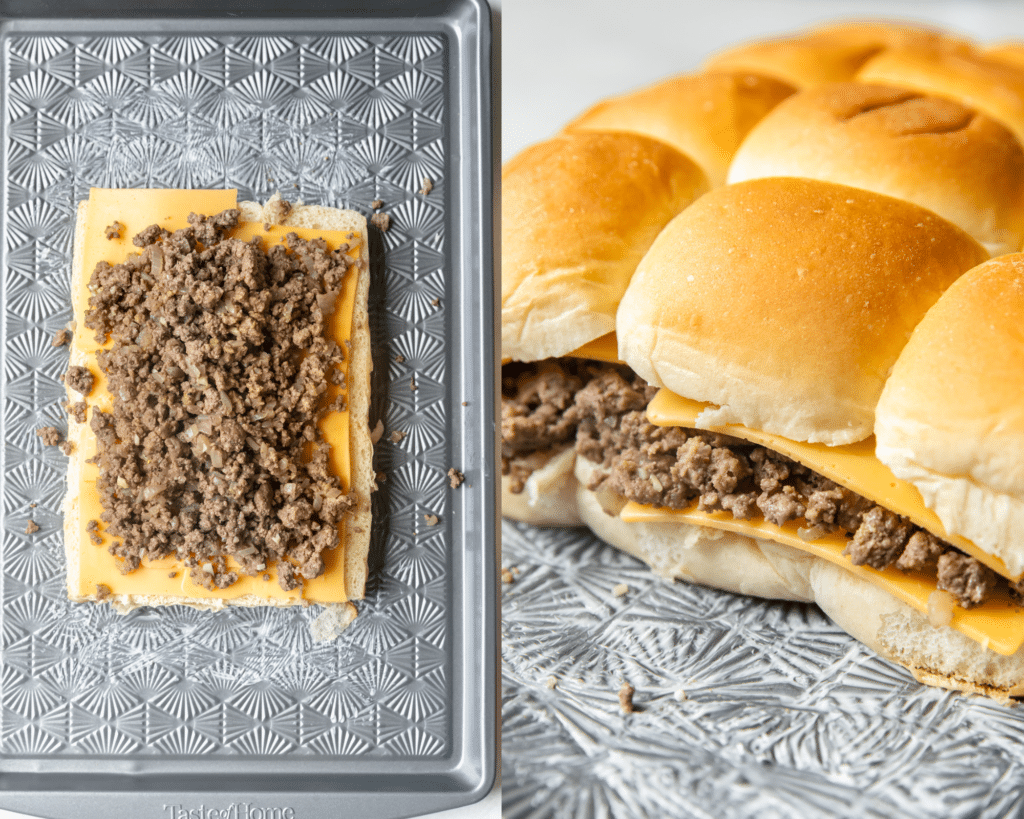 an up close image on ground beef and cheese on slider buns. 