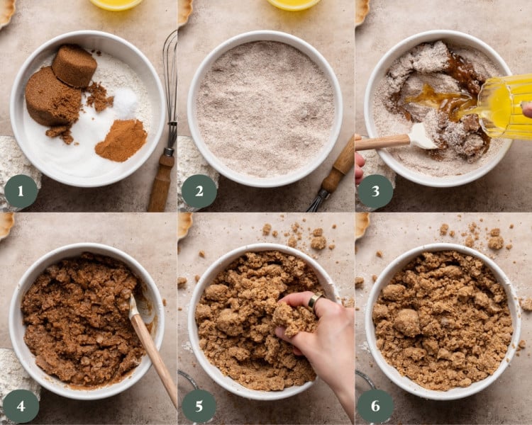 Step-by-step collage showing crumb topping being made: dry ingredients (flour, sugars, cinnamon, salt) in a bowl, whisked together, melted butter poured in, mixture stirred, then squeezed into large crumbly clumps.