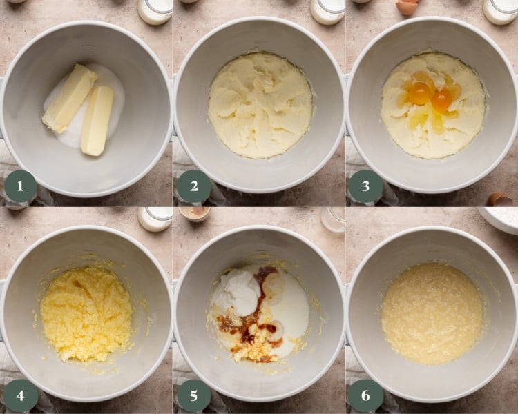Collage of cake batter process: butter and sugar in a mixing bowl, creamed until light and fluffy, eggs added, then mixture blended with sour cream, milk, and vanilla into a smooth, slightly curdled batter.