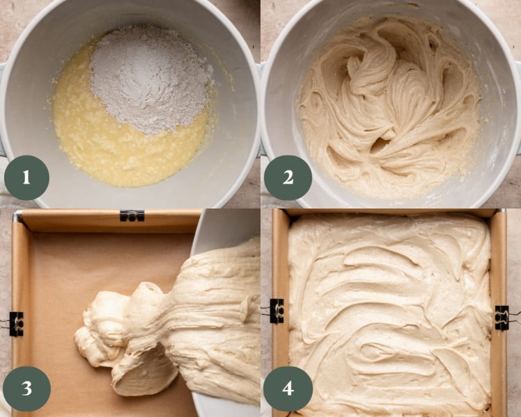 Collage showing dry ingredients added to wet batter, then fully mixed into a thick, smooth cake batter, followed by batter being poured and spread evenly into a parchment-lined square baking pan.